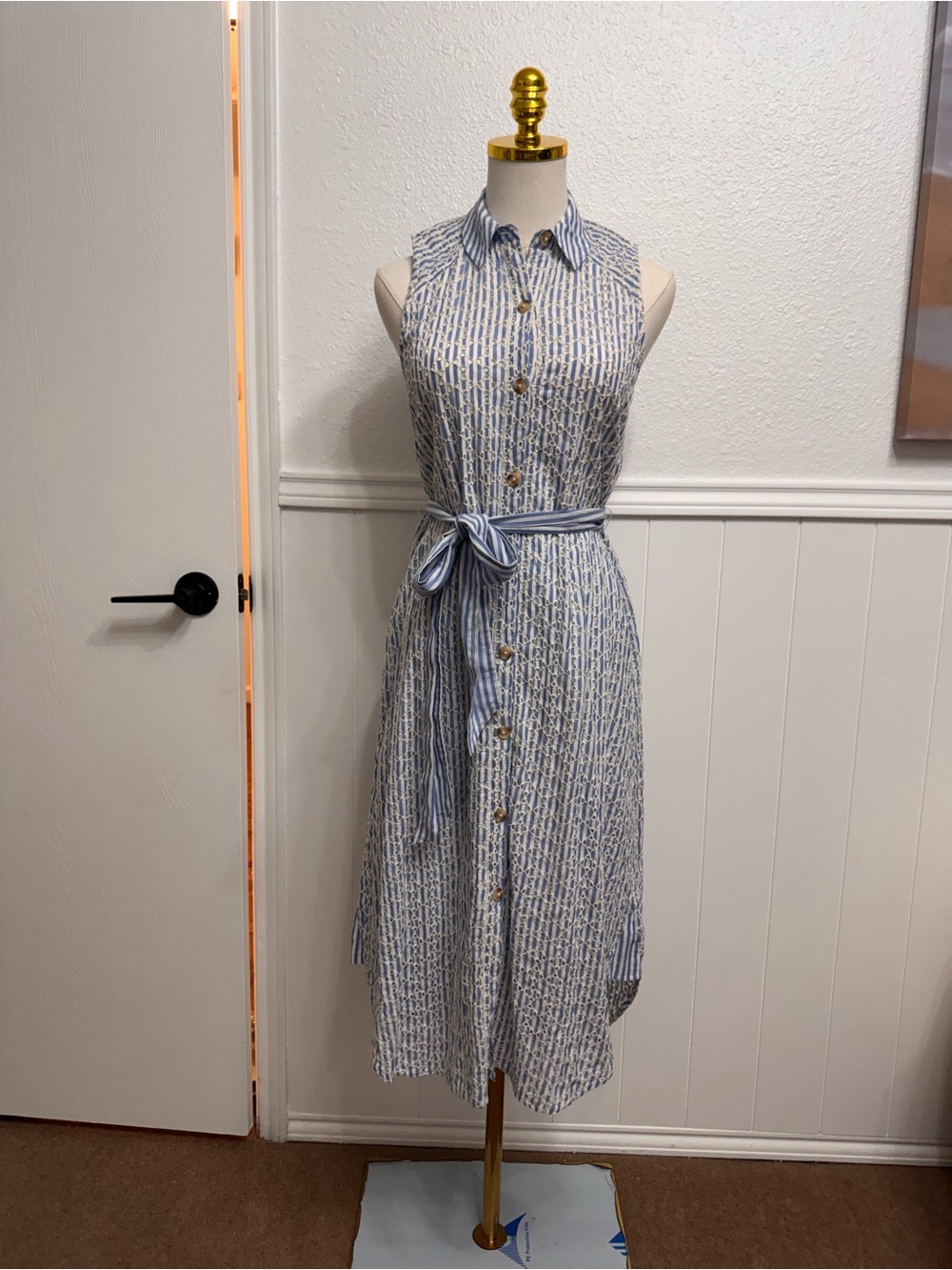 Anthropologie Sleeveless Light Blue Striped Button-Front Midi Dress - Picture 2 of 7